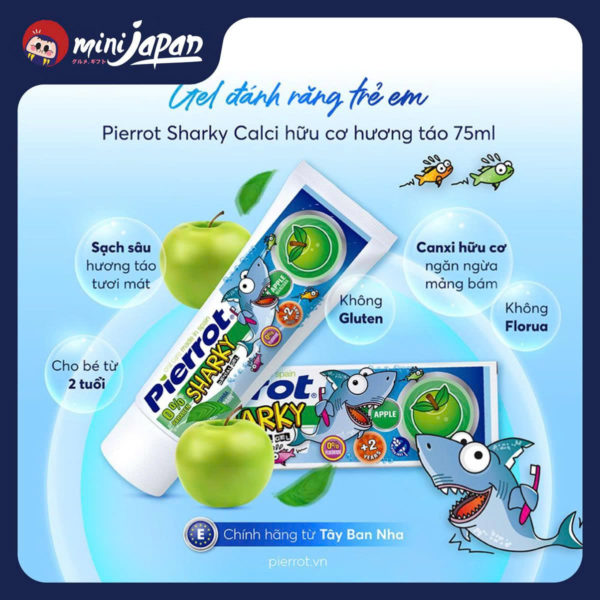 Gel đánh răng trẻ em Pierrot Sharky Calci hữu cơ hương táo 75ML