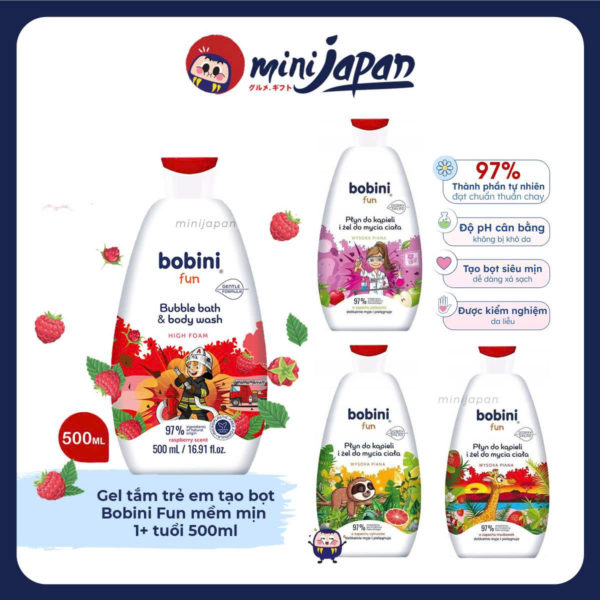 Gel tắm trẻ em tạo bọt Bobini Fun mềm mịn hương mâm xôi 1+ tuổi 500ml